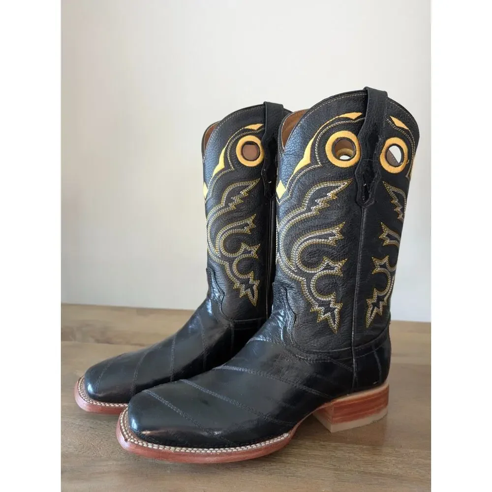 El General Western Boots Mens Size 7.5 Black Genuine Leather Exotic Square Toe